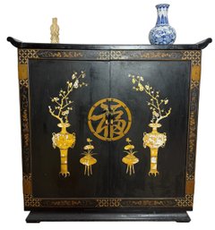 Asian Black Lacquer Bar Cabinet With Mother-of-pearl Inlay