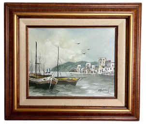 Vintage Mid-Century Original Oil Painting Harbor Scene Signed And Framed