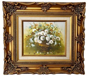 Vibrant Signed Floral Still Life Oil Painting With Textured Daisy Flowers In Ornate Gold Frame