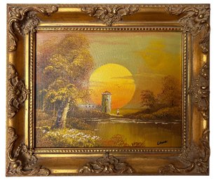 Vintage Oil On Canvas Landscape With Tower And Sunset, Signed LAWER