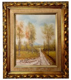 Vintage Joe Hunt Signed Oil Painting Landscape Country Lane With Detailed Frame