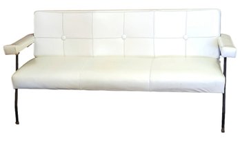 Vintage MCM Douglas Eaton White Tufted Vinyl Sofa Couch With Black Tubular Metal Frame