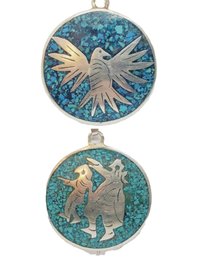 Vintage Round 2 Sided Domed Sterling Silver 925 Pendant W/ Crushed Turquoise Scenes Mexico