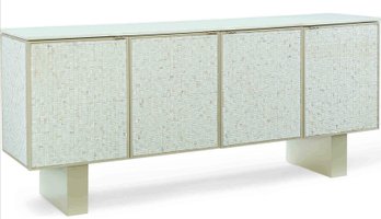 Caracole Large Marble Top Faux Mother Of Pearl Hall Table With Adjustable Shelves & Velvet Lined Drawers