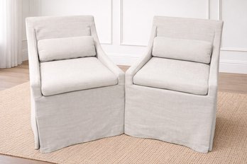 Pair Of Neutral Restoration Hardware Low Belgian Slipcovered Slope Arm Dining Side Chairs - Norwalk