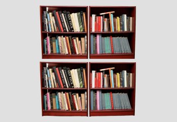Set Of 4 Modular Mahogany Tone Library Wall Multi-Section Open Shelving Unit 35'H