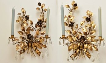 Pair Of Vintage Italian Gilt Metal Floral Two Candle Wall Sconces