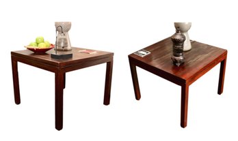 Singapore Import Pair Of  Square Teak Side Tables With Patinated Hand-Finish