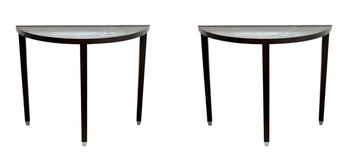 Set Of 2 Black Wood Grain Demilune Table With Tapered Silver Capped Feet