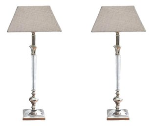 Pair Of  Transparent Column Buffet Candlestick Nickel-Finish Table  Lamps