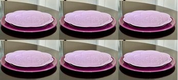 Set Of 6 Jars France Camellia Syam Stuc Plates With 6 Burgundy Glass Chargers