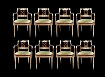 Set Of 8 Maitland Smith Silver Leaf And Cane Dining Arm Chairs With Velvet Cushions