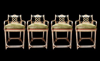 Set Of 4 Maitland Smith Bar Stools  Silver Leaf With Gold Accents And Velvet Cushions