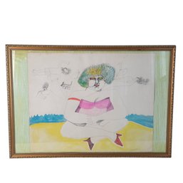 Large Framed Mid-century Drawing And Watercolor