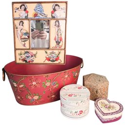 Lot Of Decorative Boxes, Mirror, And Tole Basket