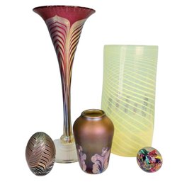 Lot Of Iridescent Art Glass Swirl Pieces, Trumpet Vase