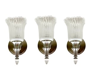 A Group Of 3 Satin Nickel Sconces With Glass Shades - Victorian Styling - Bath 2A & 1A