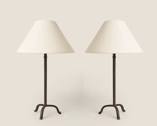 A Pair Of Wrought Iron Tripod Table Lamps - 25 Inches High