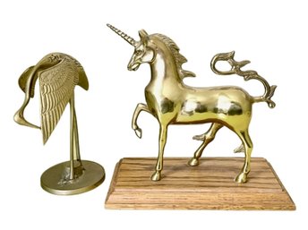 Vintage Brass Rearing Unicorn Mounted On Wooden Base & Vintage Brass Crane Sculpture