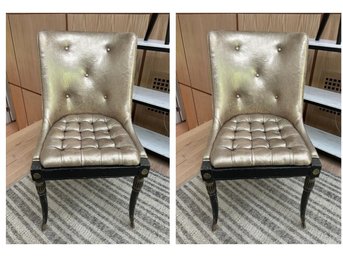 Pair Of Vintage Neoclassical Style Chairs With Modern  Gold Leather Upholstery