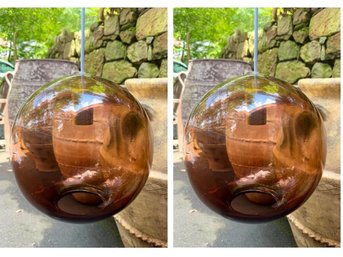 Pair Of Vintage Handblown Copper Color Glass Globe Pendant Lights