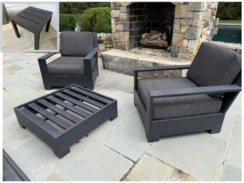 Pair Of  Restoration Hardware Belvedere Outdoor Chairs With Aegean Ottoman & Side Table