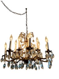 Vintage Hollywood Regency 12 Arms , Brass And Crystals Chandelier. 24' Wide.