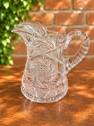 American Brilliant Period Cut Glass Crystal Pitcher Starburst & Hobstar Pattern 8" Tall