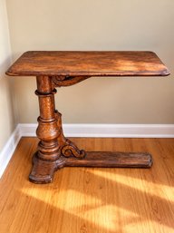 Antique Oak Pedestal Side Table – Victorian Eastlake-Style Carved Scrollwork – 33" Long