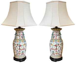A Pair Of Chinese Urns - Fitted For Electricity As Lamps With Silk Shades