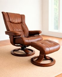 Norwegian Leather Recliner & Ottoman By Hjellegjerde - Westport