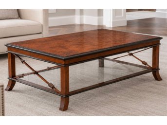 Beautiful Burl Walnut Regency Revival Style Cocktail Table With Ebony Scroll Inlay & Bow And Arrow Stretchers