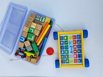 Vintage Wooden Block And Pull Toy Block Caddy