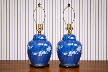 Pair Of Blue Prunus Or Cherry Blossom Ginger Jar Table Lamps