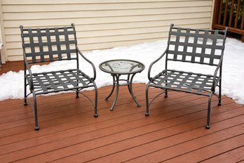 Matching Pair Of Brown Jordan Webbed Deck Chairs And Small Side Table With Tempered Glass Top