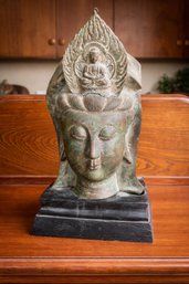 Antique Style Bronze Buddha Head Sculpture With Ornate Headdress  Asian Art Statue