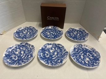 Six Caskata Peony Floral Pattern Canape Plates, Artisanal Tableware - In Caskata Box      LT/