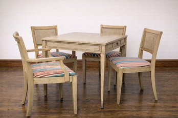 French Country Inspired Game Table & Four Cane Back Chairs With Striped Upholstery