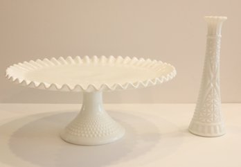 Vintage Milk Glass, Hobnail Cake Stand & Bud Vase