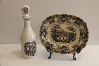 Antique J.H & Co. Platter & Vintage Coalport Transferware Decanter