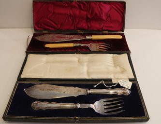 Pair Of Antique Fish Serving Fork & Knife Sets, Boxed