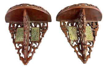 Pair Of Antique Asian Wall Shelves With Carved Jade Inserts