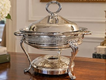 Silverplate Vintage Inspired Three Footed Chafing Dish With Reticulated Border, Marinex Glass Brazil
