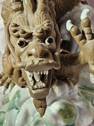 Fabulous Ceramic Dragon With Green Base, Some Minor Damage To Toes And Antler/Horn