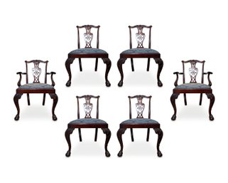 Hickory Chair Co. Chippendale Style Carved Mahogany Dining Chairs In Blue Damask Pattern Upholstered Seats