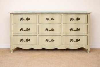 Vintage French Provincial Painted 9-drawer Serpentine Dresser With Decorative Brass Hardware
