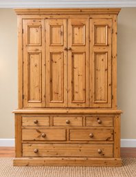 Substantial Rustic Knotty Pine Armoire / Entertainment Cabinet With Louvered Doors And Roomy Dresser Drawers