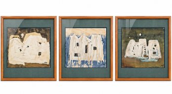 1970s Triptych Watercolor And Ink Relief By Miriam Axelrod  (1913-1998) ~ More In Part 2