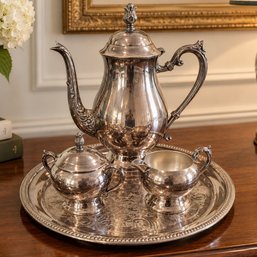 Silverplate Vintage Inspired Coffee Service Set With Embossed Tray, Coffee Pot, Creamer/sugar