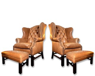 Hancock & Moore Custom Eastbay Tufted Leather Wing Chairs With Ottomans